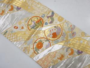 弐拾四金二重織　鴛鴦に蝶・花・宝尽くし模様織り出し　袋帯